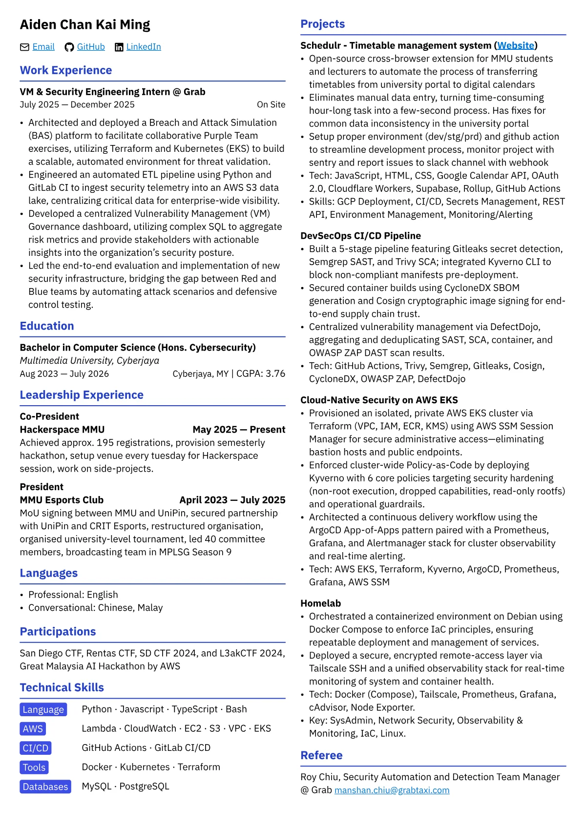 Aiden Chan's resume, page 1 of 1. Download the PDF for the full text.